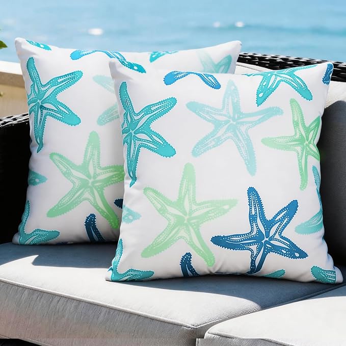 cygnus Starfish Outdoor Pillow Covers 18x18 Waterproof Coastal Throw Pillow Covers Nautical Beach Theme Decorative Square Cushion Case for Patio Furniture Garden Sofa Set of 2，Blue and Green