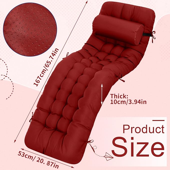 Tudomro Outdoor Chaise Lounge Cushion 66x21x4'' Waterproof & Fade-Resistant Patio Pool Chaise Lounge Cushion Headrest Pillow Tie Replacement Rocking High Back Chair(Burgundy,1 Pcs)