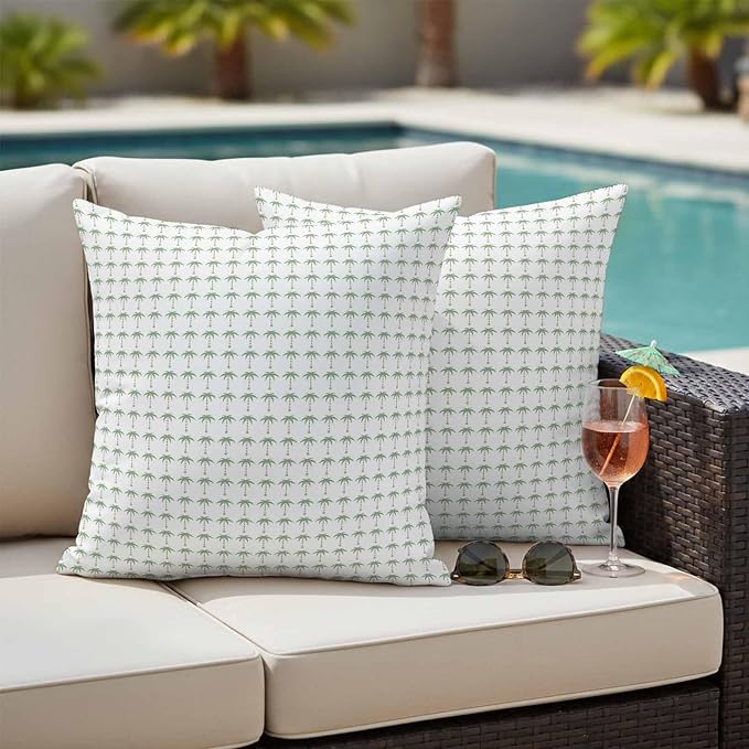 Palm Trees Outdoor Pillow Covers 20"x20" Set of 2, Summer Vintage Nautical Coastal Beach Ocean Green Tree Waterproof Throw Pillow Covers for Patio Furniture, Decorative Cushion Covers for Porch