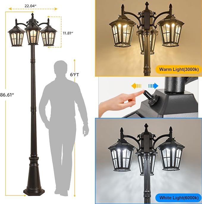 3-Head Solar Outdoor Street Light with Dusk to Dawn Sensor, Aluminum Exterior Pole Light with Water Ripple Glass, Classic Waterproof Black Solar Lamp Post Lights for Backyard, Garden, Driveway