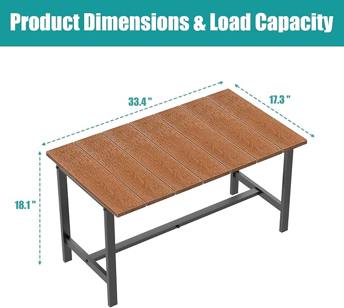 Outdoor Coffee Table, 33.4"L x 17.3"W x 18.1"H Rectangle Weather-Resistant Patio Coffee Table, Metal Heavy-Duty Frame Coffee Side Table, Waterproof for Garden, Porch, Balcony, Deck, Poolside, Brown
