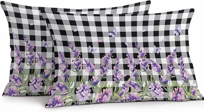 Vandarllin Outdoor Throw Pillows Covers 20x12 inch Set of 2 Waterproof Purple Lavender Flower Decorative Zippered Cushion Covers for Patio Furniture, Butterfly Black Buffalo Plaid Lumbar Pillowcases