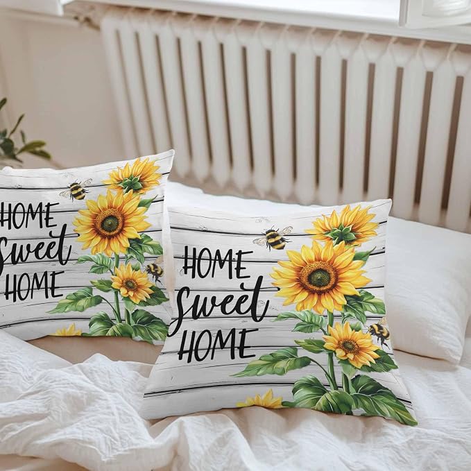 Throw Pillow Covers 20x20 Inch Set of 2, Yellow Sunflower Waterproof Outdoor Pillow Covers, Bee Wooden Grain Country Farmhouse Decorative Cushion Pillowcases for Couch, Sofa, Bed, Garden, Patio