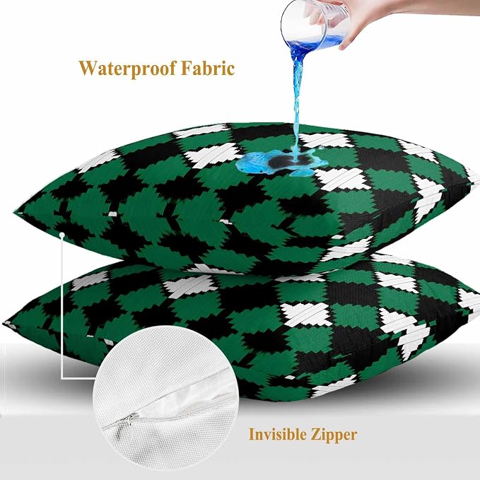 Vintage Rhombus Outdoor Waterproof Throw Pillow Covers Set of 2, 24"x24", Green Black White Decorative Pillow Covers Outside Cushion Case for Patio Porch Garden