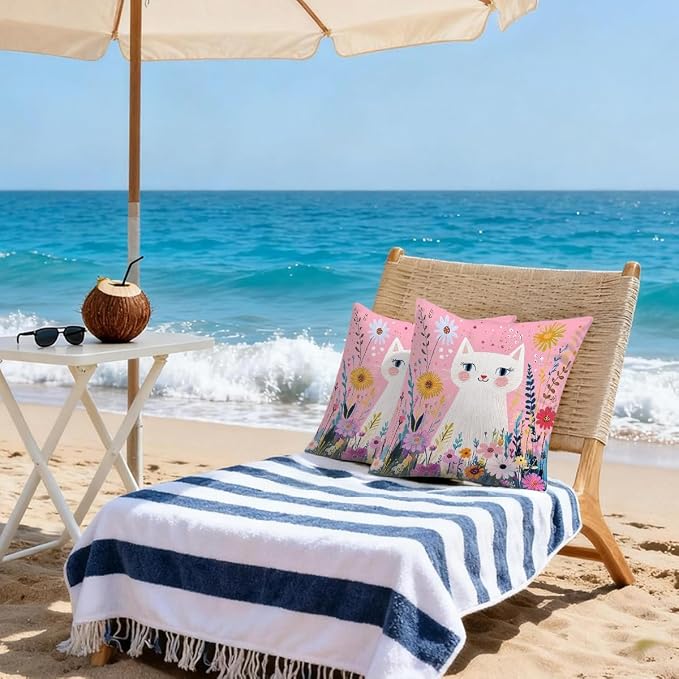 18x18 Inch Outdoor Pillow Covers Set of 2 Waterproof Throw Pillow Covers Decorative Couch Cushion Covers Pink Cat Garden Flowers Square Pillowcases Protectors for Patio Garden Sofa