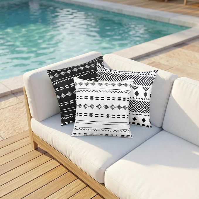 Outdoor Waterproof Pillow Covers 18x18 Set of 2 White Geometric Design | Waterproof Fabric Designed for Patio Furniture, Porch, Balcony and Garden Decor