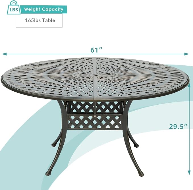 MEETWARM Outdoor 61" Round Patio Dining Table, All Weather Cast Aluminum Large Patio Furniture Table Fits for 6-8 Person with 2" Umbrella Hole, Dark Bronze