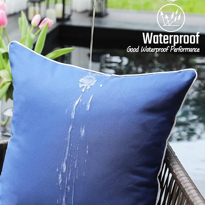 JOJOGOGO Blue Outdoor Waterproof Sun Fade Resistant Lumbar Pillow Covers 12x20 Set of 2, Navy Outdoor Lumbar Pillows Cushion Covers 12 x 20 for Patio Furniture Hammock (with White Piping)