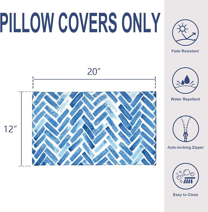 Pack of 2 Outdoor Lumbar Pillow Covers, All Weather Cushion Pillow Cases 12x20 Inch, Pillowcase for Patio Couch Decoration, Blue Bricks