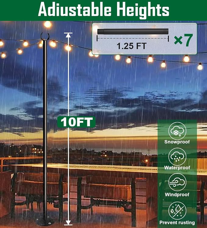 10ft String Light Poles for Hard Surfaces, Light Poles for Outdoor String Light, Perfect for Garden, Backyard, and Patio Lighting Stand for Parties, Wedding - Matte Black Finish - 2 Pack