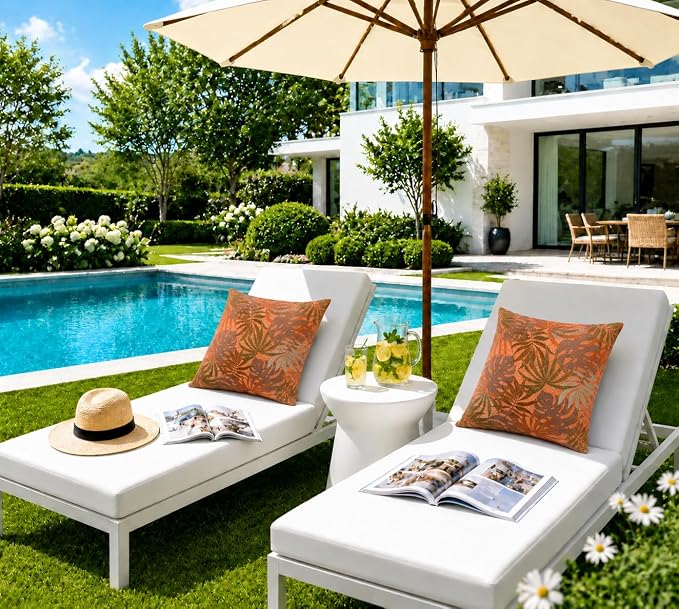 Outdoor Pillow Covers Waterproof Throw Pillow Covers, Set of 2 Jacquard Texture Water Resistant Fade Resistant Decorative Cushion Covers for Garden Patio Bench Couch Sofa, 18x18 Inch (Orange) )