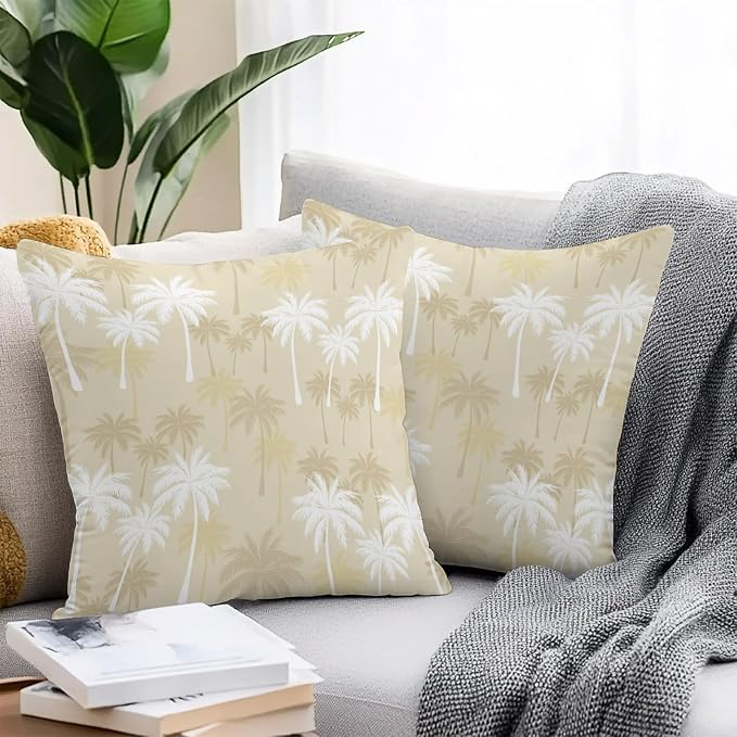 Throw Pillow Covers 26x26 Inch Set of 2, Tropical Palm Tree Waterproof Outdoor Pillow Covers, Beige White Plants Coastal Leaf Beach Decorative Cushion Pillowcases for Couch, Sofa, Bed, Garden, Patio