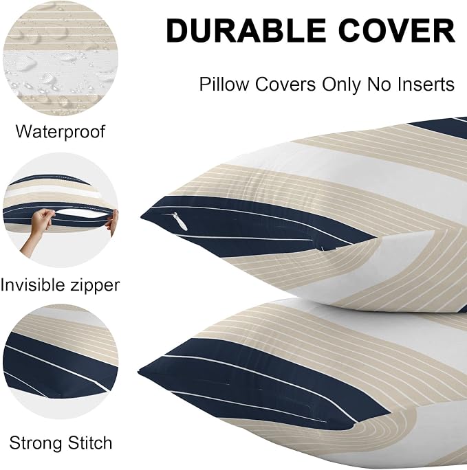 Navy Blue Beige Stripe Outdoor Pillow Covers Waterproof, All Weather Cushion Case Set of 2, Modern Art Horizontal Striped Decorative Pillowcases for Sofa Couch Bed Decor Patio Furniture 18"x18"