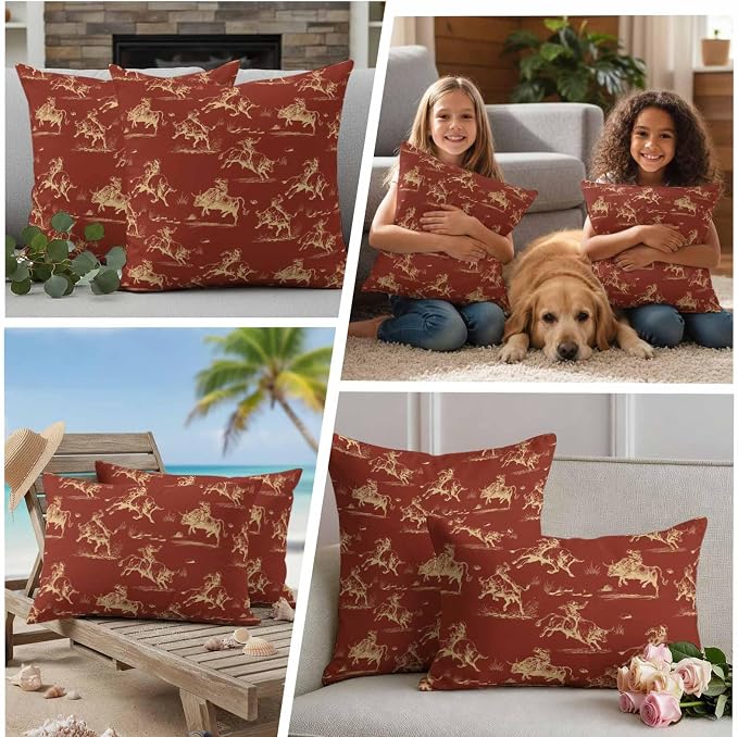 Orange Western Cowboys Outdoor Pillow Covers Waterproof, All Weather Cushion Case Set of 2, Vintage Country Cow Grass Decorative Pillowcases for Sofa Couch Bed Decor Patio Furniture 18"x18"