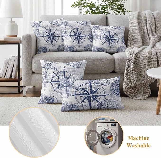 Vintage Nautical Outdoor Waterproof Throw Pillow Covers Set of 2, 26"x26", Summer Navy Blue Compass Shell Starfish Map Decorative Pillow Covers Outside Cushion Case for Patio Porch Garden