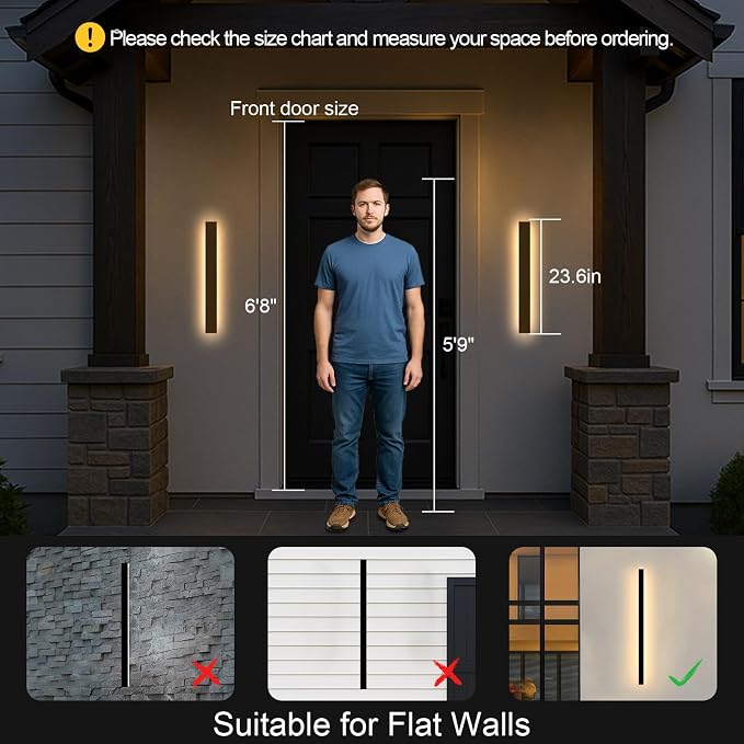 23.6inch Porch Wall Lights - Long Strip Modern Outdoor Wall Light Fixture, Dimmable Black Wall Mount Exterior Lighting Wall Sconce Outside Garage Lights for House, Courtyard, Corridor