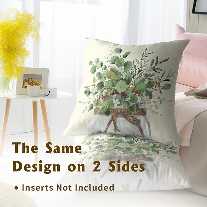 Spring Summer Leaf Pillow Covers 20x20 Inch, Set of 2 Eucalyptus Leaves Floral Sage Green Decorative Throw Pillowcases Square Cushion Cover for Couch Sofa Bed Outdoor Home Decor