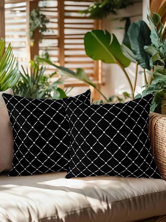 Waterproof Outdoor Pillow Set of 2 Black Grid Plaid Decorative Throw Pillows Cover & Insert 16x16 Inch Pillowcase Diagonally Crossed Lines Pillows for Couch Sofa Bed Patio Furniture Indoor Outdoor
