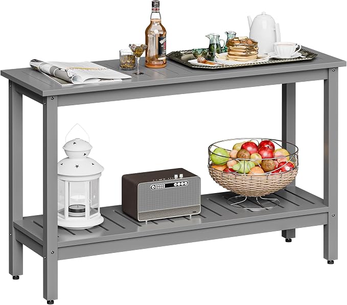 Wooden Console Table, 48in 2-Shelf Solid Wood Patio Side Table, Indoor Outdoor Buffet Bar Organizer with Foot Sliders (Grey)