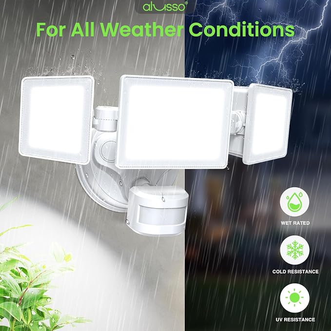 ALUSSO Motion Sensor Outdoor Lights Hardwired(Not Solar),40W 4500LM Flood Lights Outdoor 120V,3 Modes(Dusk to Dawn/Auto/On Time), 3CCT 3000K/4000K/6500K Security Light for Garage Yard Porch,White,ETL