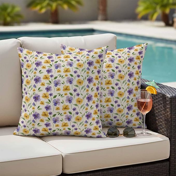 Purple Yellow Flower Outdoor Pillow Covers Set of 2 Spring Green Leaf Watercolor Floral Farm Waterproof Throw Pillow Cover Decorative Cushion Cases for Patio Porch Garden 18X18 Inch