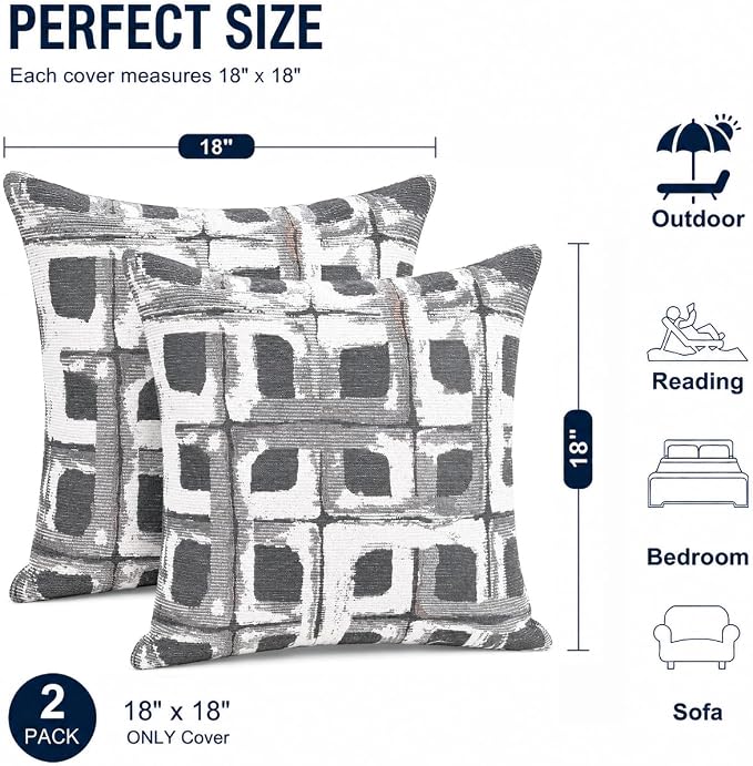 Indoor Outdoor Waterproof Throw Pillow Covers, Pack of 2 UV Fade Resistant Pillowcase Shell Cushion Sham for Garden Patio Tent Balcony Couch Sofa, 18 x 18 Inch (Gray Geometric)