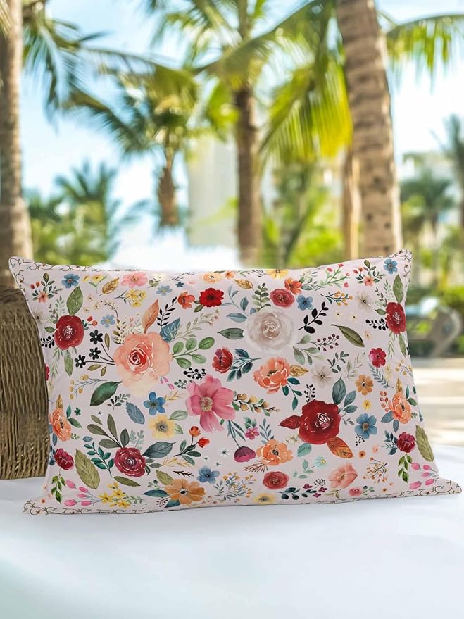 Outdoor Waterproof Throw Pillows Watercolor Leaf Colorful Bloom Floral Patio Pillows,Decorative Pillow Covers with Insert,Pillow Cushion Case for Garden Couch Sofa Vintage Country on Pink