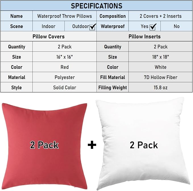 16 x 16 Inch Throw Pillow for Outdoor Seating, Waterproof Lumbar Pillows with Insert, Square Decorative Garden Cushion for Couch Patio Sofa Home Furniture (Red, 16" x 16" (Pack of 2))