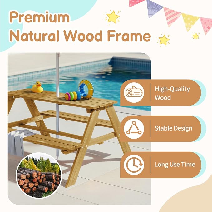 Kids Picnic Table, Wooden Toddler Picnic Table and Chair w/Removable Umbrella, Kids Outdoor Furniture for Patio Garden, Teak