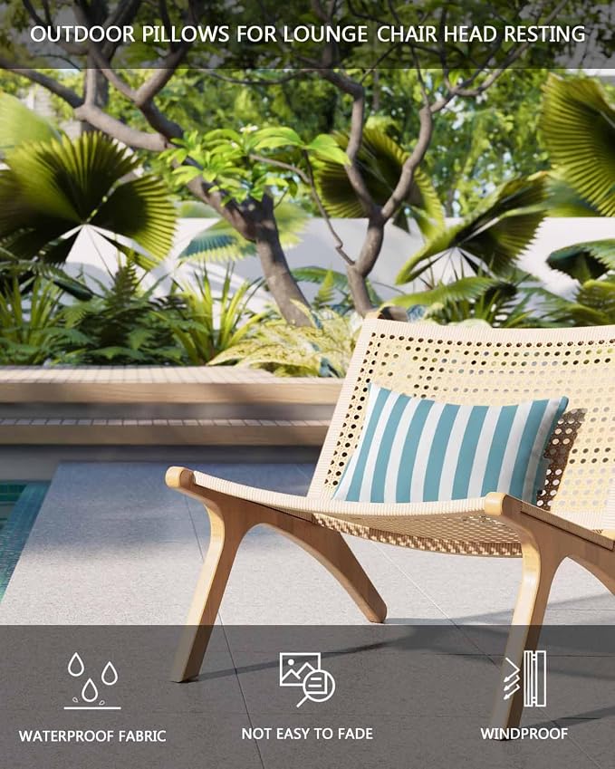 DecorLovee Aqua Striped Outdoor Recliner Pillows for Head, Farmhouse Waterproof Chair Pillow with Elastic Stripe, Blue White Stripes Chaise Lounge Headrest Pillow for Patio/Beach/Pool 1Pack, 11"x16"