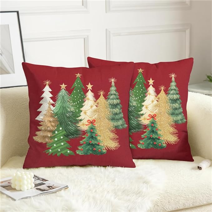 Red Christmas Pillow Covers 22x22 Set of 2 Gold Green Xmas Tree Pillow Case Winter Holiday Throw Pillow Covers Double Sided Printing Decorative Cushion Case for Couch Sofa