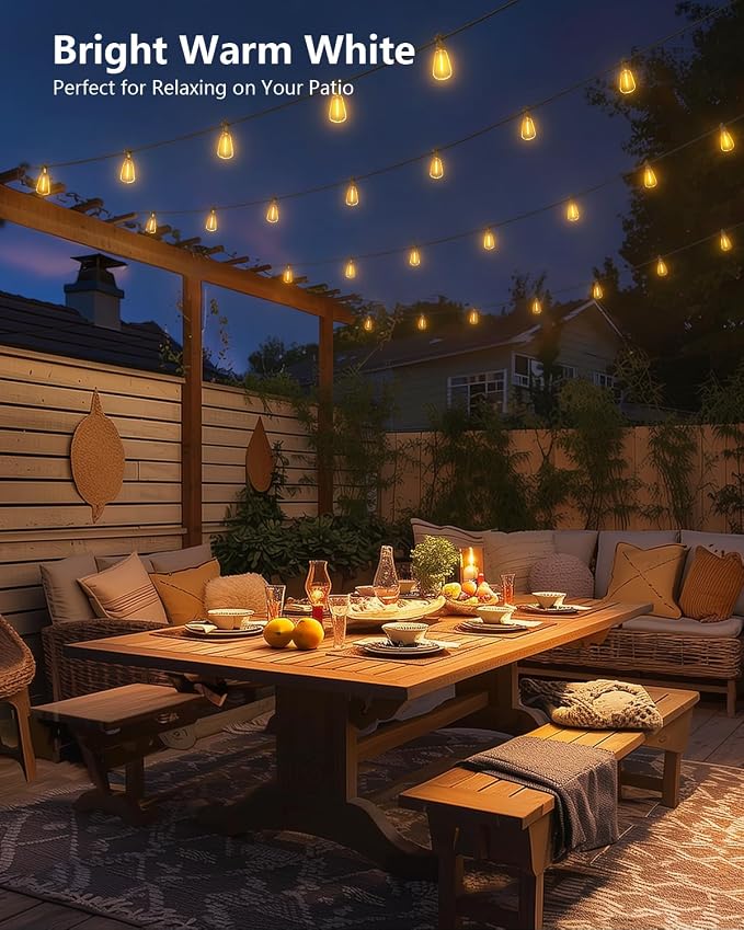 Brightown 52FT Solar String Lights Outdoor Waterproof with Remote, 15+1 LED Shatterproof Bulbs, Dimmable & Timable, 3 Light Modes - Commercial Grade Patio Lights for Garden Backyard Party Decor