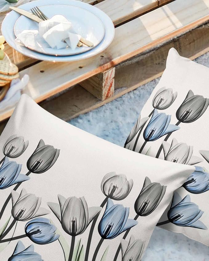 Vandarllin Outdoor Throw Pillows Covers 26X26 Set of 2 Waterproof Gray Blue Tulip Decorative Zippered Lumbar Cushion Covers for Patio Furniture, Spring Summer Flowers Floral