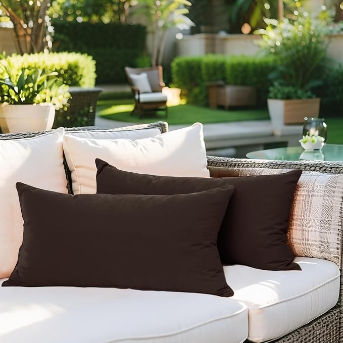 SK Studio Outdoor Water Resistant Throw Pillows, Decorative Patio Lumbar Cushions, Fluffy Furniture Garden Cushions for Home Patio Coach Sofa Use, Pack of 2, Coffee 1, 18x18 Inch