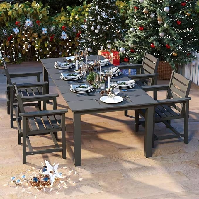 HDPE 5-Piece Outdoor Dining Set with 11FT Umbrella, Black | All-Weather Patio Table and Chairs for 4, Fade-Resistant Patio Furniture Dining Set for Lawn, Garden, Deck, Backyard