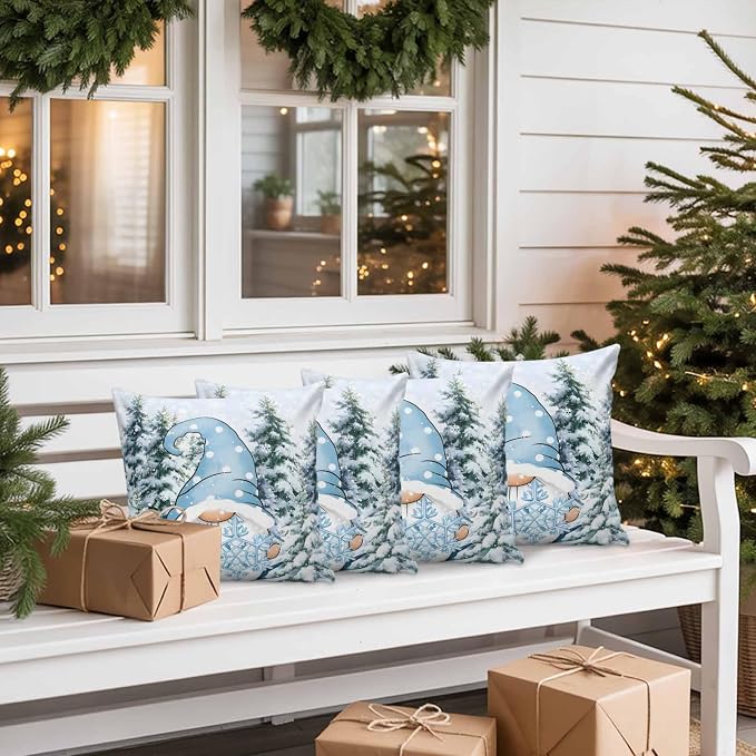 Christmas Gnome Outdoor Pillow Covers Set of 2, Xmas Blue Snowflake Decorative Waterproof Throw Pillowcase Winter Snowy Pine Forest Cotton Linen Soft Cozy Cushion Cover Pillowsham 20x20In