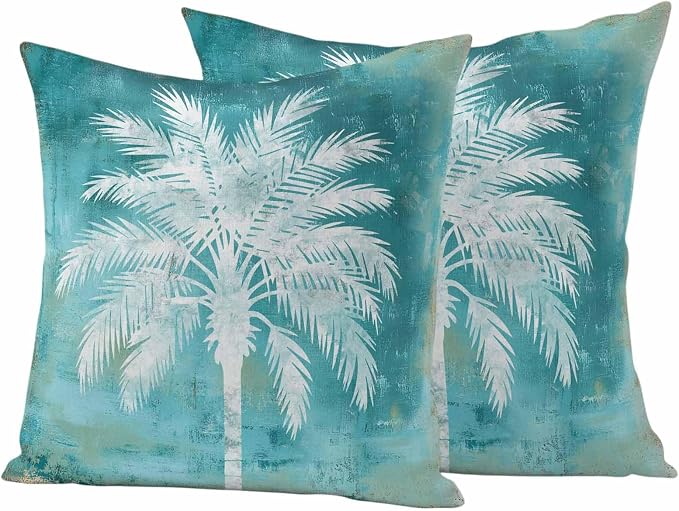 Teal Summer Palm Tree Outdoor Waterproof Pillow Covers, Coastal Beach Tropical Botanical Decorative Square Throw Pillowcase, Vintage Sofa Cushion Sham for Patio/Couch/Chair, 20"x20" 2 Pack