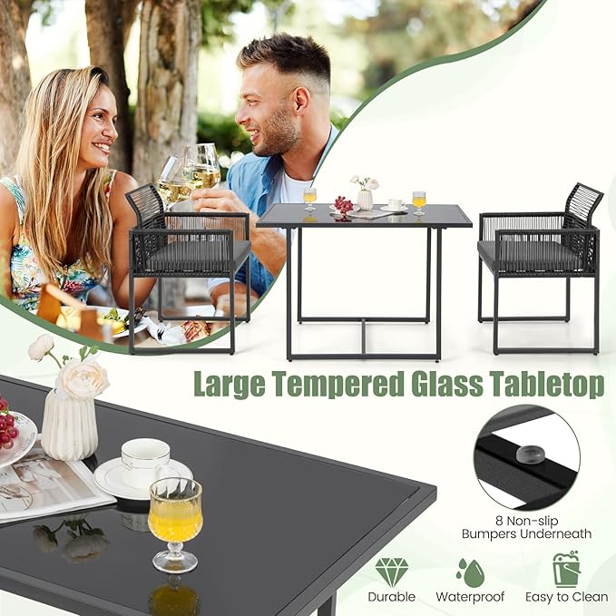 HAPPYGRILL 3 Pieces Outdoor Patio Dining Set, PE Rattan Furniture Set with Cushions, Tempered Glass Tabletop, Space-Saving Rattan Dining Chair Table Set for Backyard Poolside Balcony