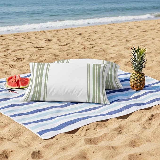 Outdoor Waterproof Throw Pillow Covers Set of 2 Sage Green Stripes Lumbar Pillowcases 20x12 Inches White Vertical Striped Decorative Pillows Cushion Case Patio Pillows for Couch Bed Chair Garden