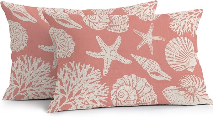 Waterproof Pillow Covers Set of 2 12x20 Inch Ocean Coastal Outdoor Lumbar Cushion Covers Shells Starfish Conch Coral Red Linen Decorative Pillow Cases for Patio, Sofa, Couch, Garden