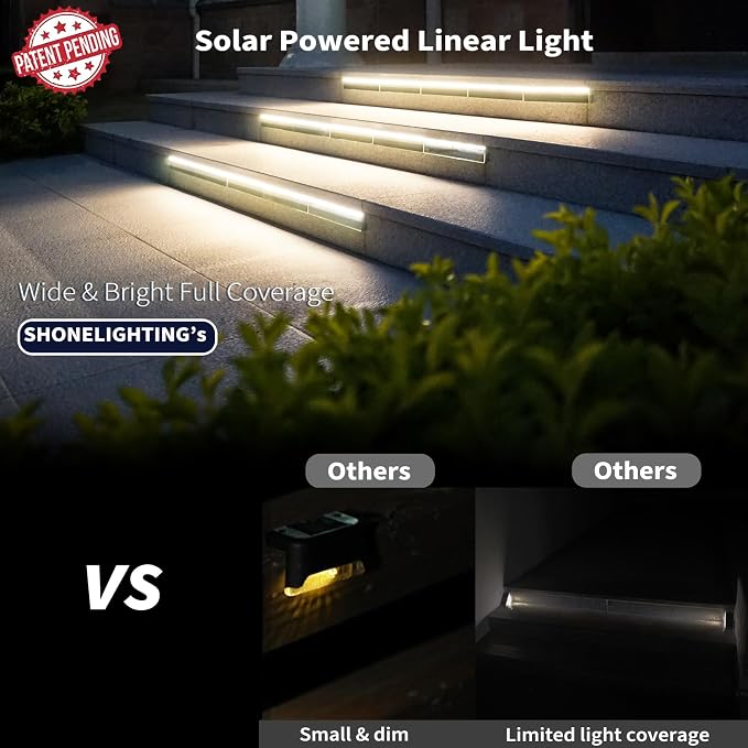 SHONELIGHTING Solar Step Lights Outside, 33 Focused LEDs, Stair Light, 8PK | Downward Lighting, High Brightness, Modular, Waterproof Aluminum, Risers, Deck, Curbsides, Planter Edges, Warm White, 3000K