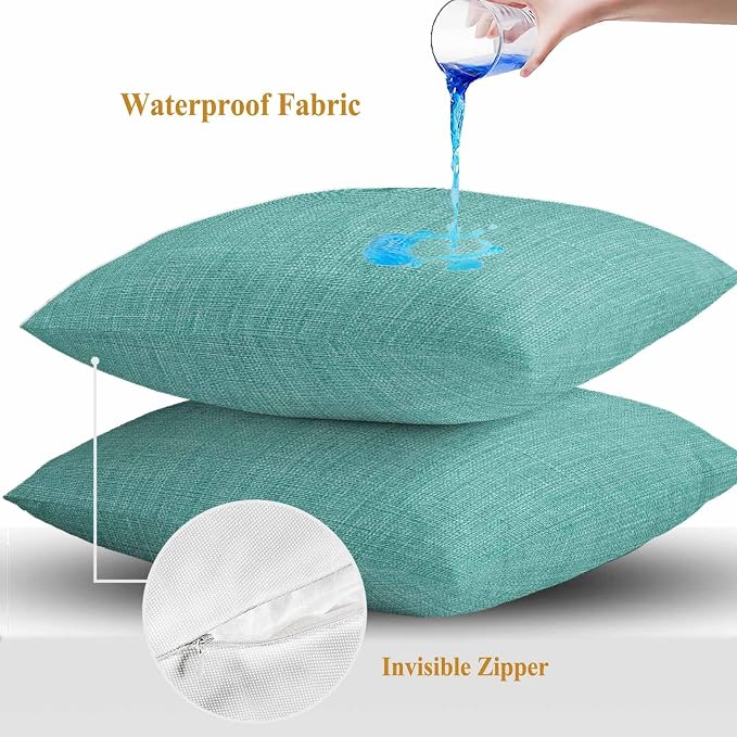 Outdoor Waterproof Throw Pillow Covers Set of 2 Turquoise Linen Pillowcases 26x26 Inches Farmhouse Pure Color Decorative Pillows Cushion Case Patio Pillows for Couch Bed Chair Garden