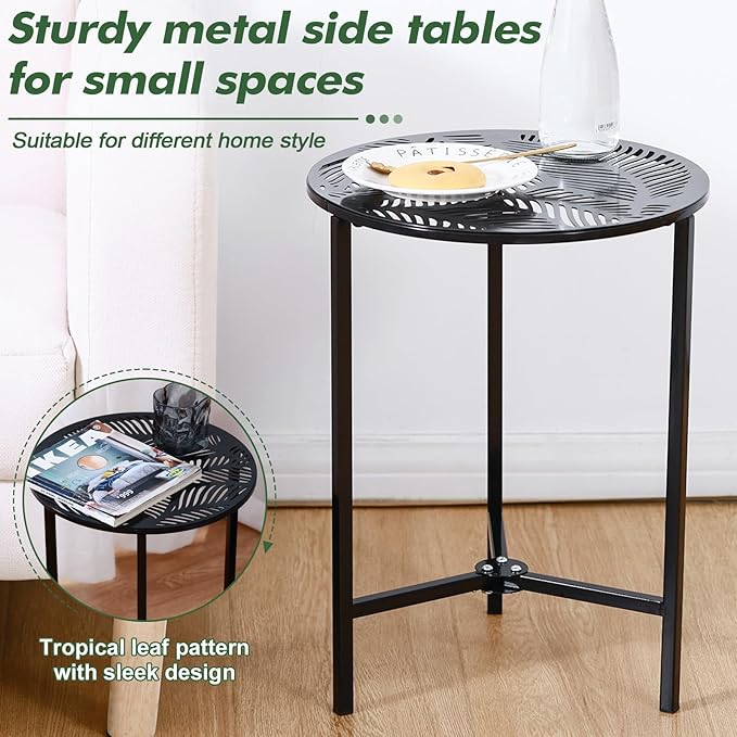 Party Zealot Set of 2 Small Round Metal Side Tables 13 Inches Black Outdoor End Tables for Patio, Balcony, Porch or Garden – Weather-Resistant Corner Coffee Table for Small Spaces & Indoor Plant Stand