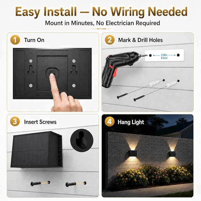 T-SUN 4 Pack Solar Powered Wall Lights Outdoor, Up Down Solar Wall Sconce | IP65 Waterproof Decorative Accent Lights for Front Porch, Fence, Patio, Backyard, Deck,Garden, Pool