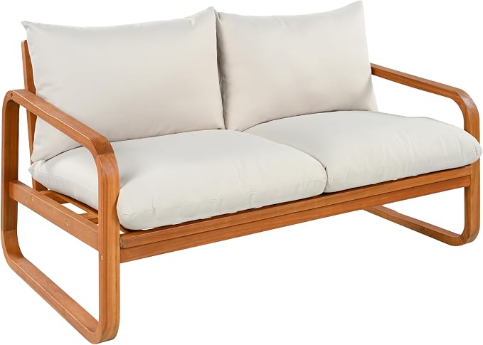 Merax Outdoor 4-Piece Acacia Wood Conversation Set - Patio 2-Seat Loveseat Sofa w/Cushion, 2 Armchair and Square Coffee Table for Backyard, Lawn, Balcony, Beige + Natural