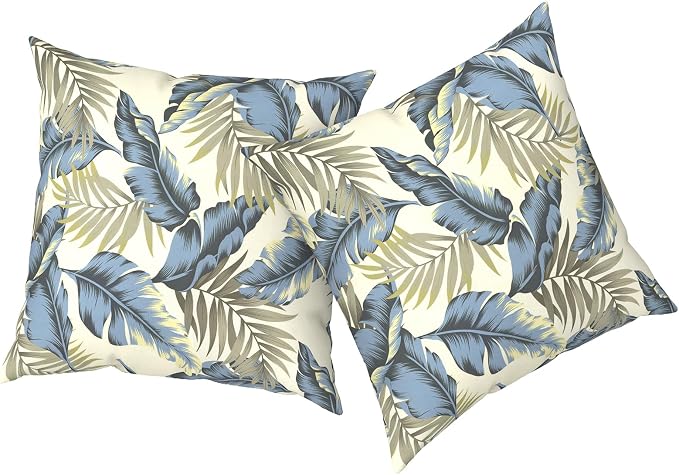 Outdoor Pillows with Insert 20x20 Inch, Waterproof Throw Pillow for Patio Furniture, Decorative Back Cushion for Garden Home Sofa Office Chair, Set of 2, Lush Palm Blue