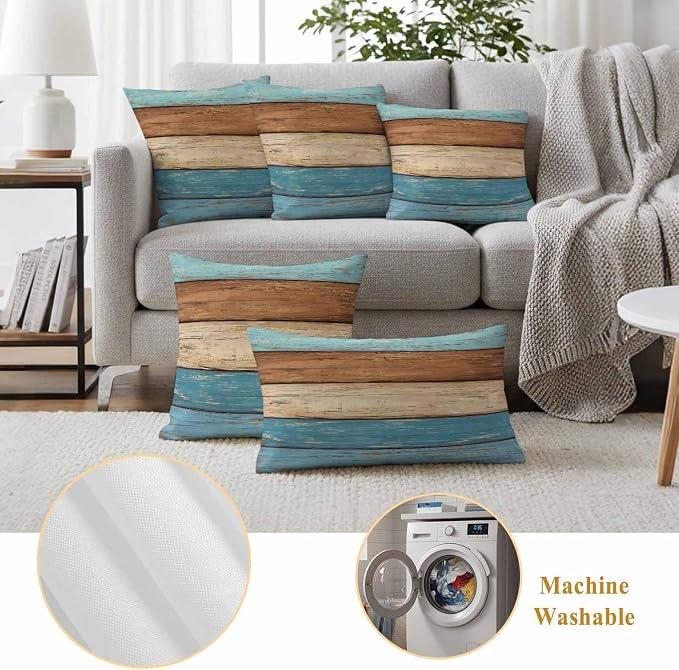 Farmhouse Light Blue Brown Outdoor Waterproof Pillow Covers, Vintage Wooden Striped Decorative Square Throw Pillowcase Sofa Cushion Sham for Patio/Couch/Chair, 16"x16" 2 Pack