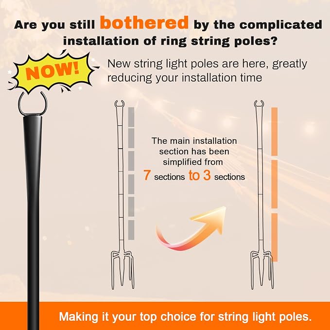 4 Pack 10Ft String Light Poles, Metal Poles with Fork for Outside Lights, Outdoor Metal Light Stand with Fence Brackets Hanging Lights for Garden Patio Wedding Backyard