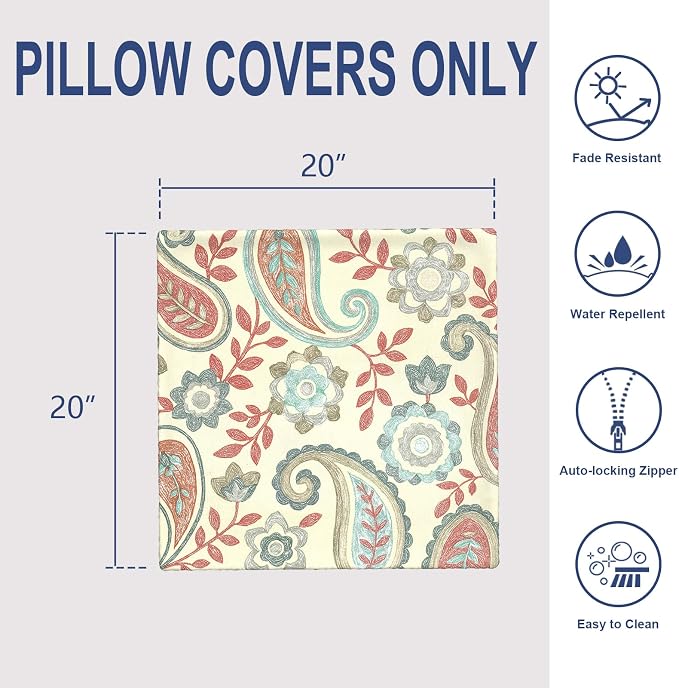 20x20 Inch Pack of 2 Patio Throw Pillow Covers ONLY, Water Repellent Cushion Cases, Square Pillowcases for Outdoor Couch Decoration, Paisley Vintage