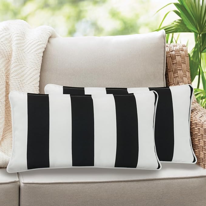 Lumbar Pillow with Insert, Set of 2, Outdoor Indoor Waterproof Decorative Patio Lumbar Pillow 12x20 Inch, Rectangular Cushion for Couch Sofa Garden Farmhouse Decoration-Black White Stripe